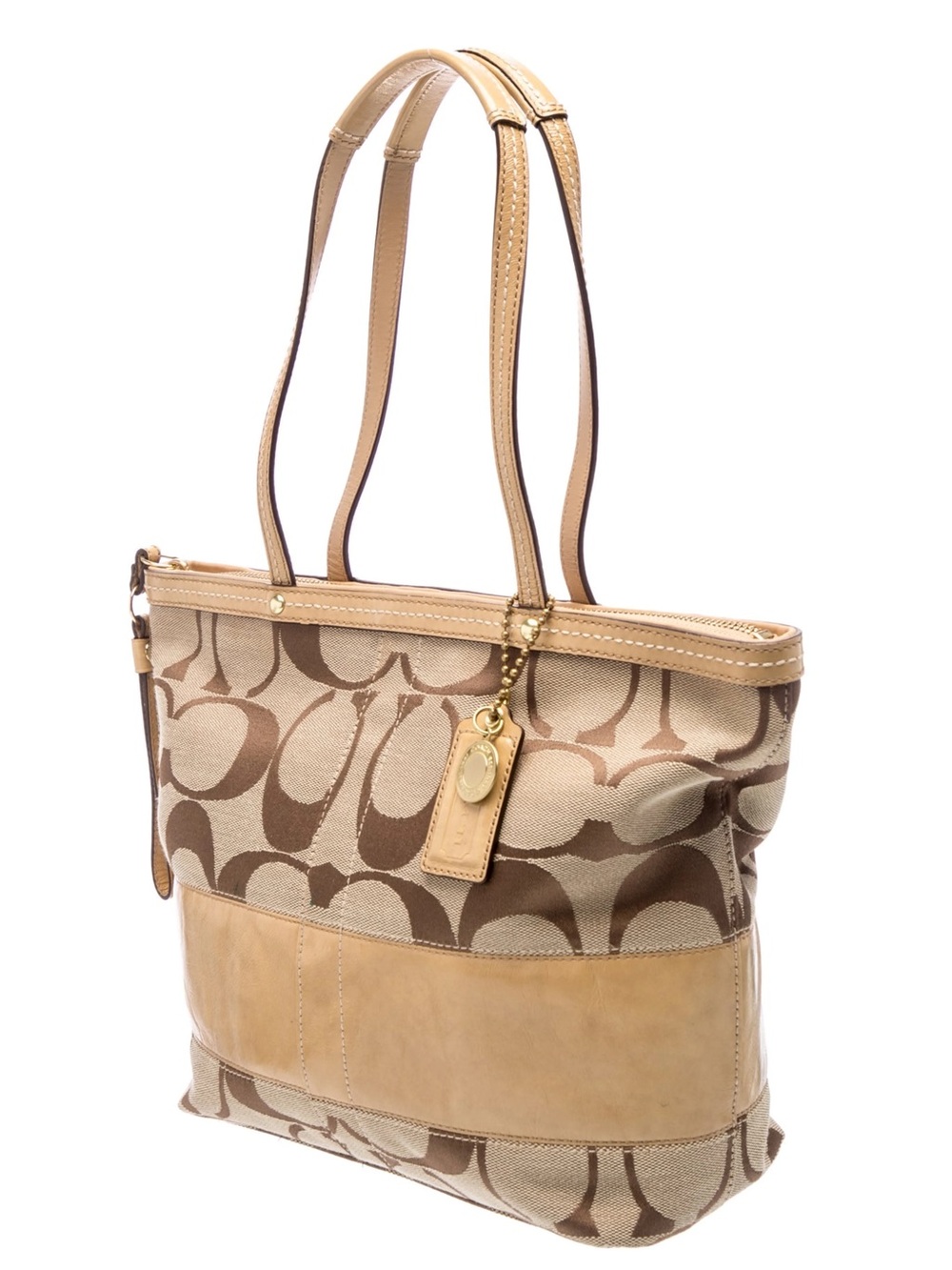 COACH Y2K Vintage Signature Monogram Metallic Tan Leather Stripe Tote Bag Preppy